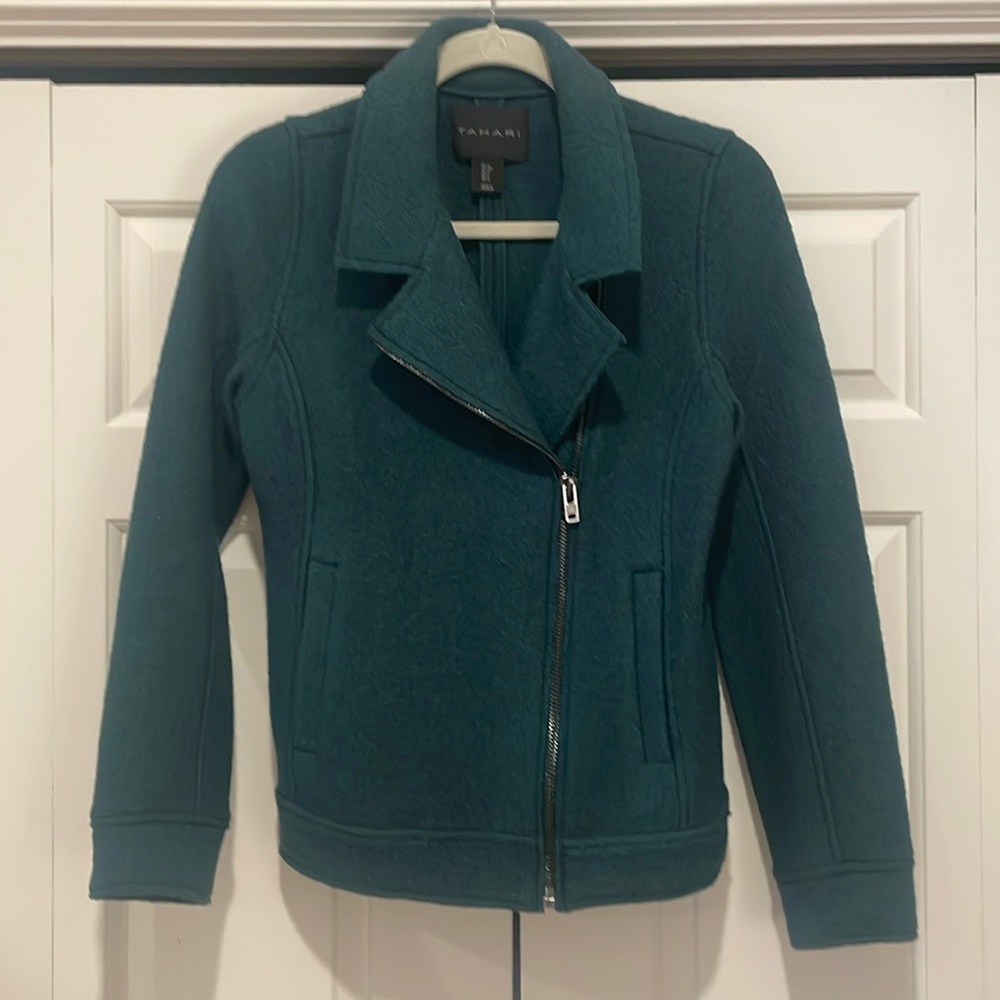 Tahari dark green boucle moto jacket